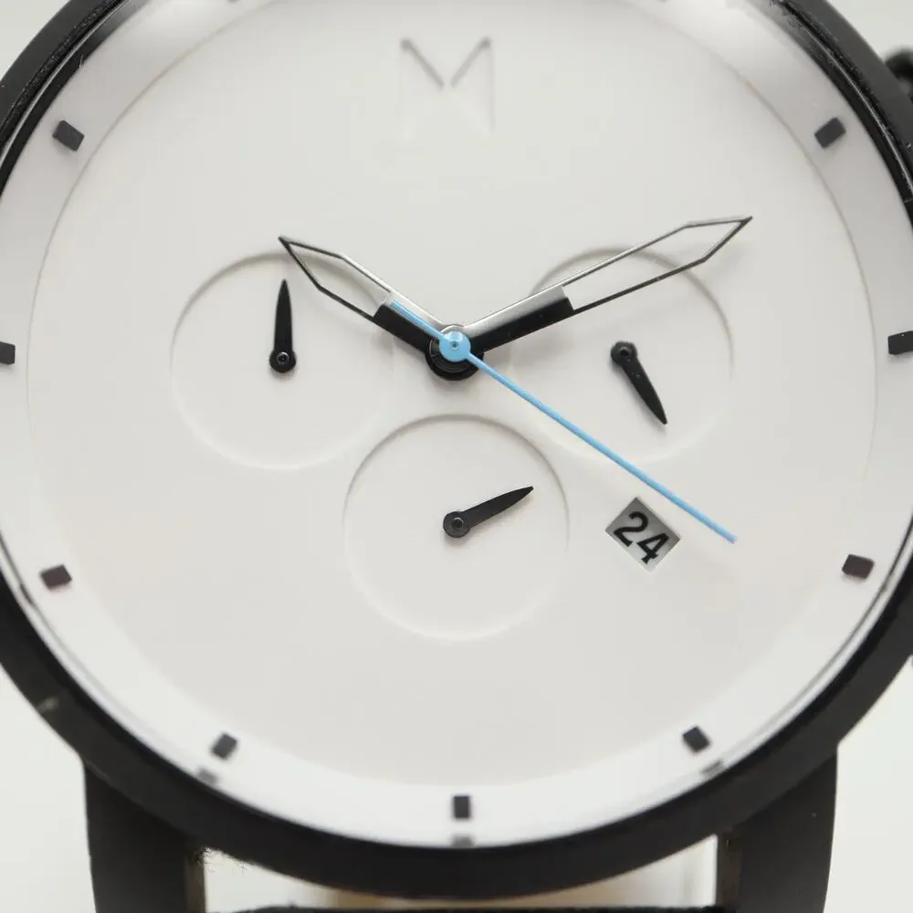 MVMT Men's 45mm Chronograph Minimal Watch White Black Faux Leather w New Battery